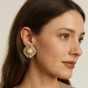 Vintage Gold-Tone Faux Pearl & Rhinestone Clip Earrings | Signed GIO